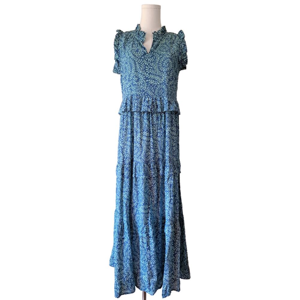 LIVRO Blue Floral Vine Maxi Dress Small Tiered Ruffle Boho Cotton Sleeveless